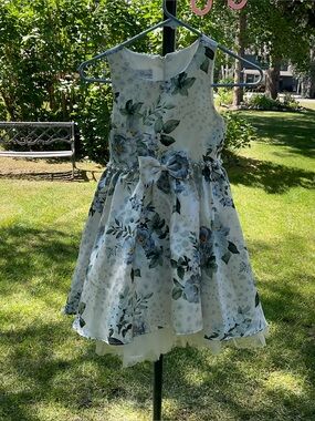 Girls Floral Bow Party Dress in Light Blue by